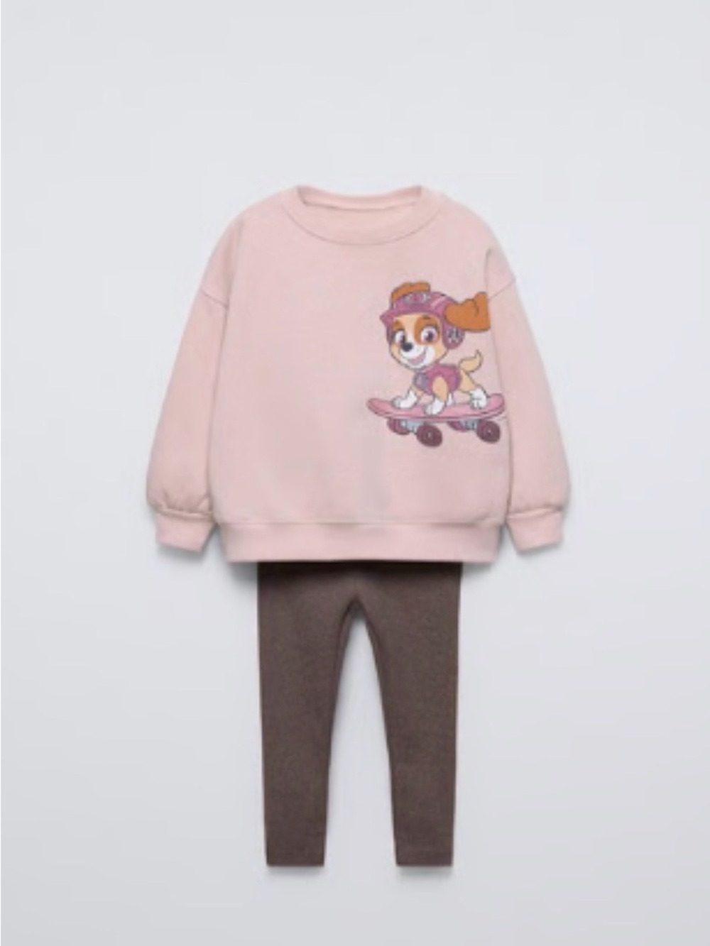 Zara Girls Pink Cartoon Skateboard Sweatshirt & Brown Leggings Set 4t